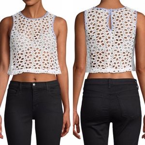 English Factory White Blue Floral Chunky Lace Eyelet Gingham Crop Top size Large